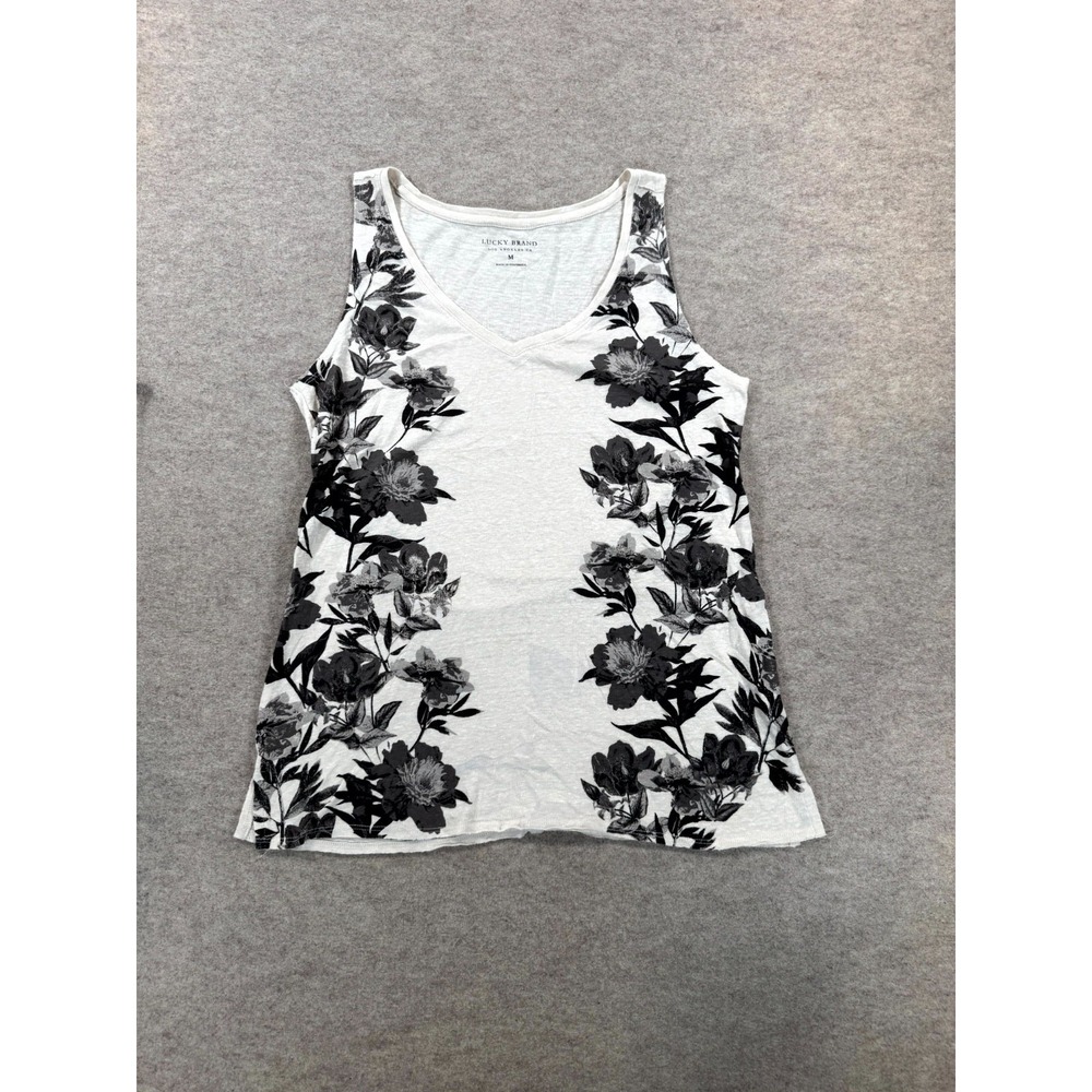 Lucky Brand Cropped Tank Top Womens Medium White Black Floral Print Knit Cotton